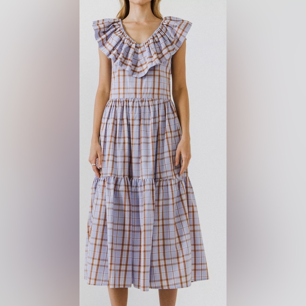 English Factory Plaid Midi Dress With Ruffle Neckline